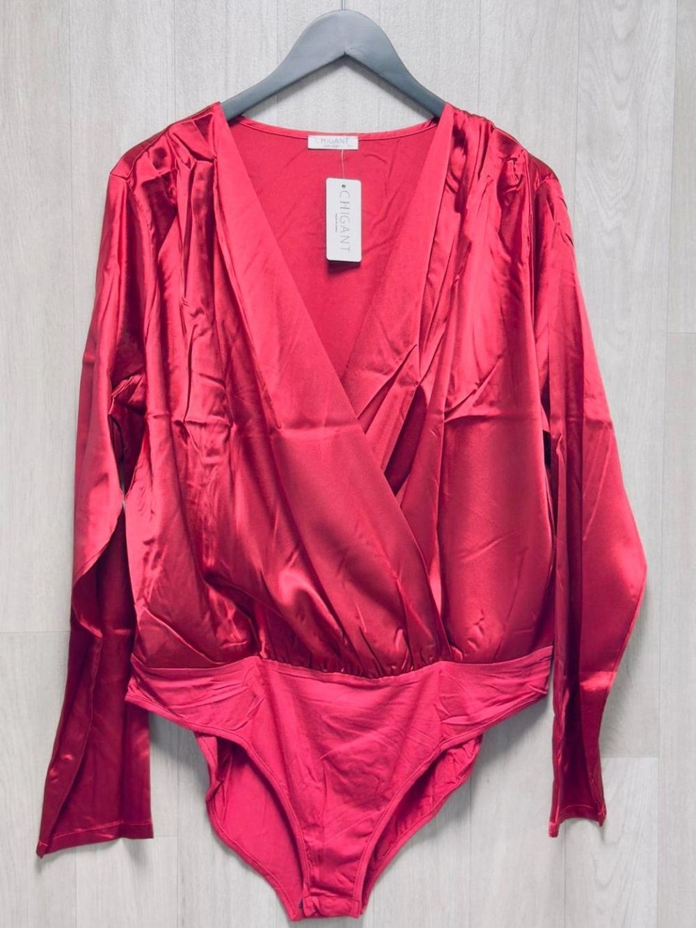 chic Red Satin Surplice Long-Sleeve Bodysuit